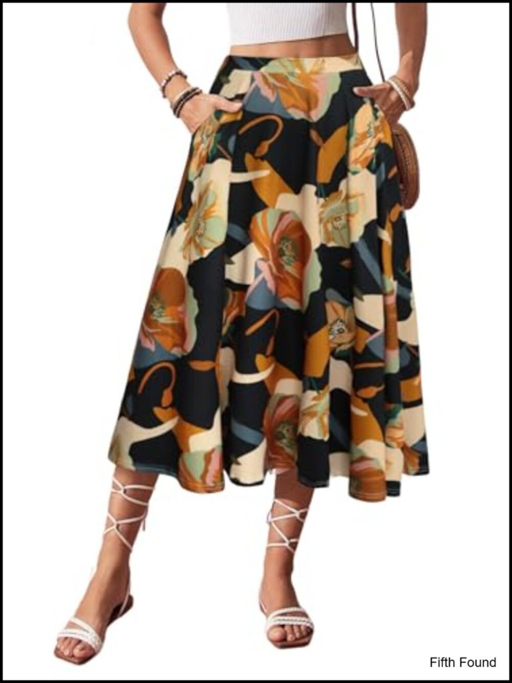 Women's A-Line Midi Skirt Flowy Flared High Waisted with Pockets